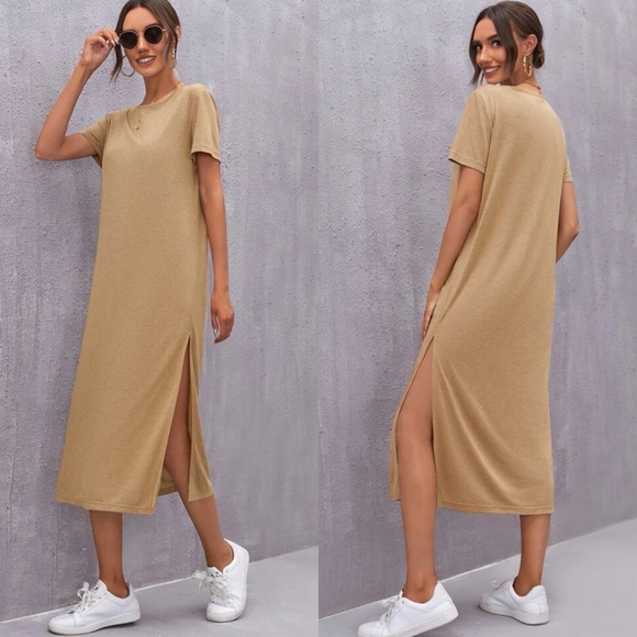 Short sleeve midi length slit tee dress casual boho purple - Picture 7 of 9